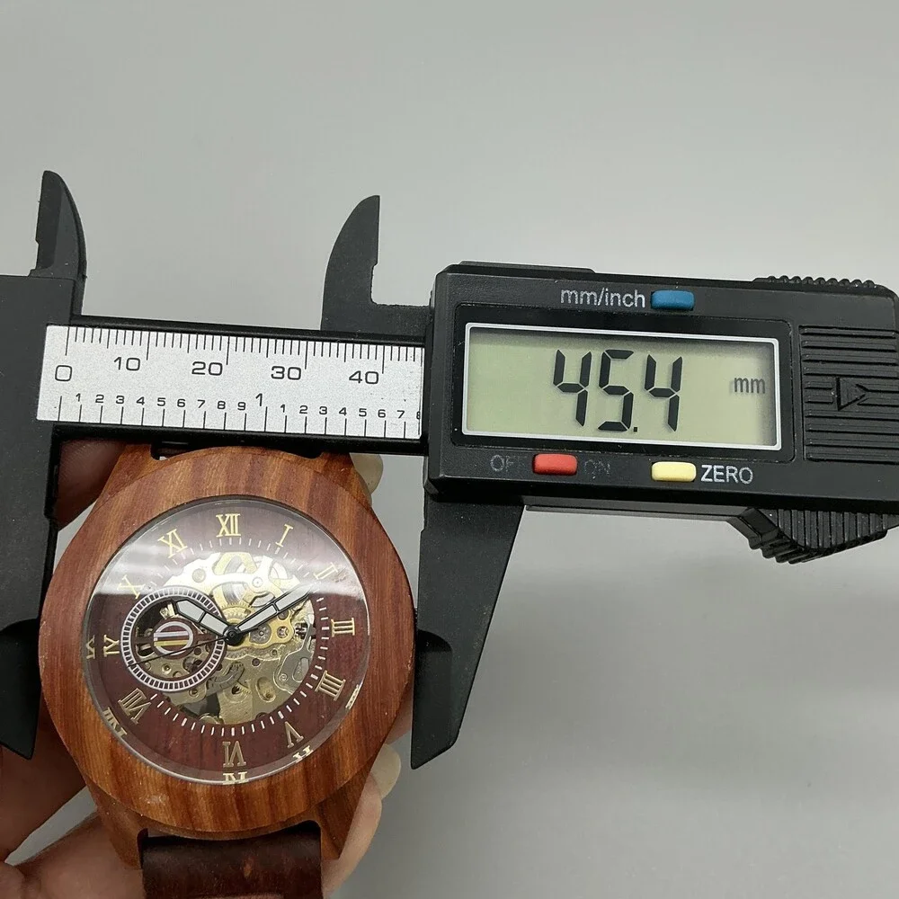 Mens Watch 45mm Brown Skeleton Dial Wood Bracelet Automatic Gold Tone 8.75